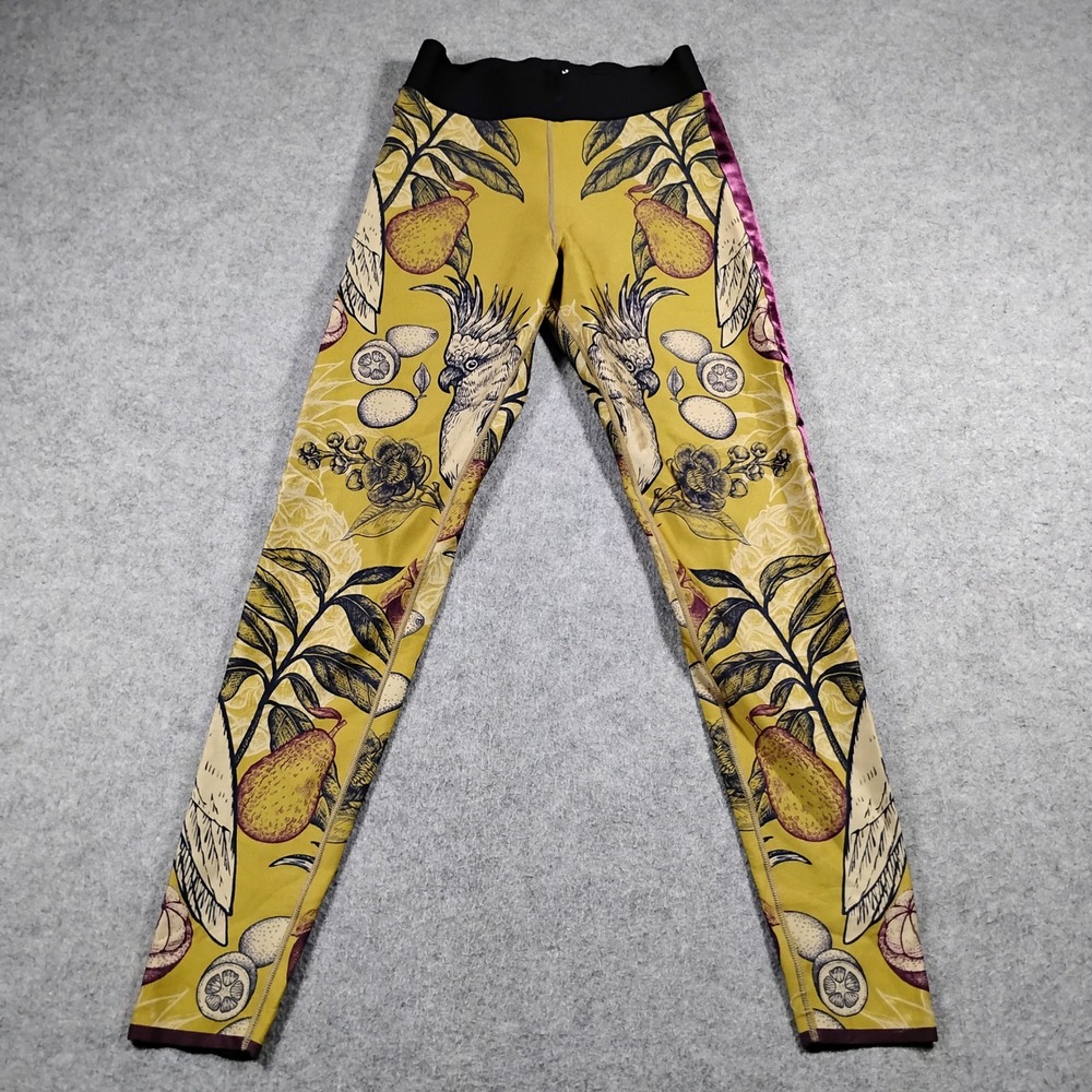 SoulCycle x Ultracor Cockatoo Fruit Print Leggings XS Mustard Yellow Stripe USA